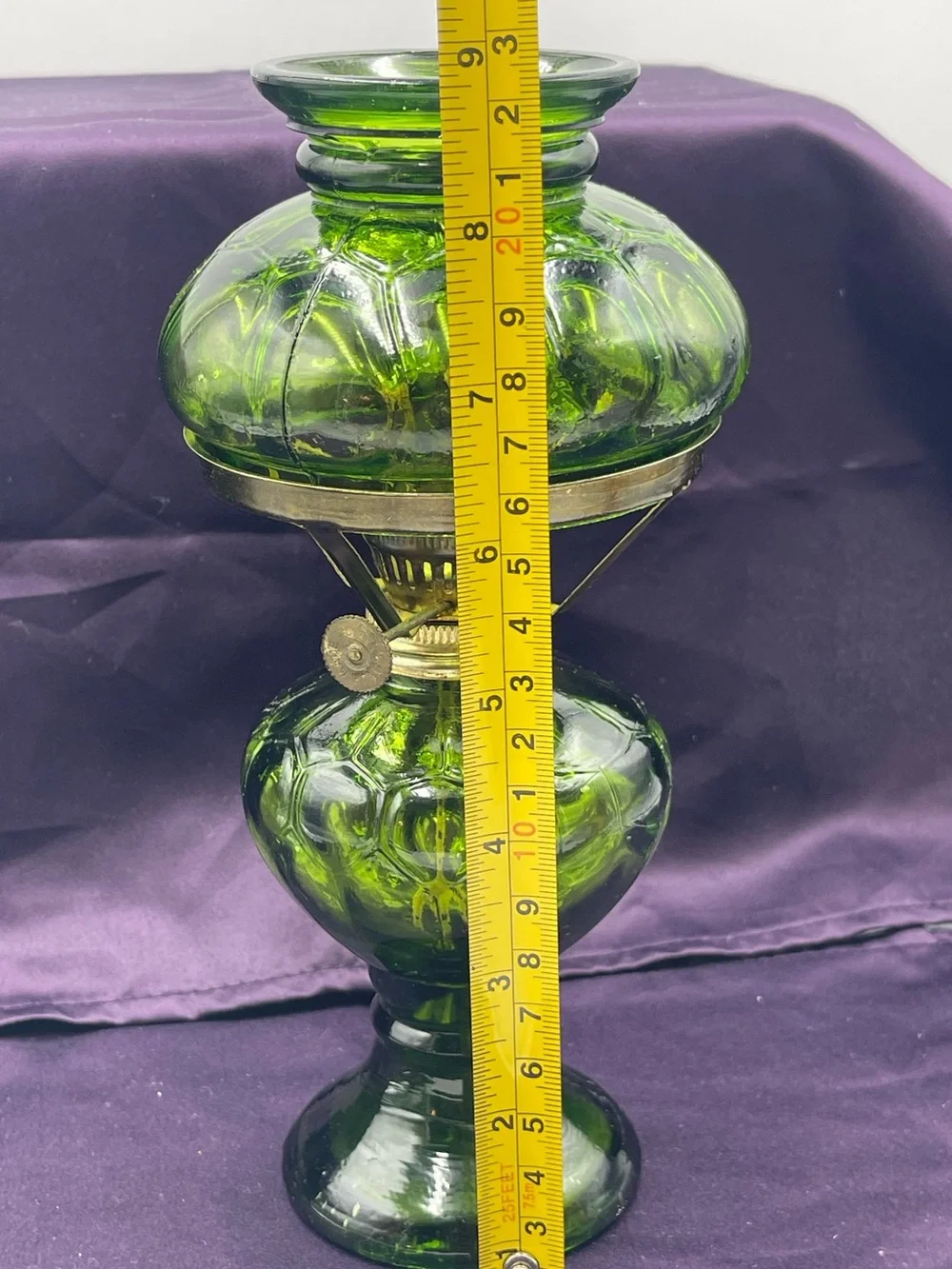 Vintage Emerald Green Pressed Glass Hurricane Oil Lamp w/Brass Metal Wick Collar